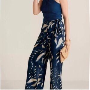 NWT Soft Surroundings Velora Wrap Pants Shibori Blue Tan 10 Wide Leg Linen Boho